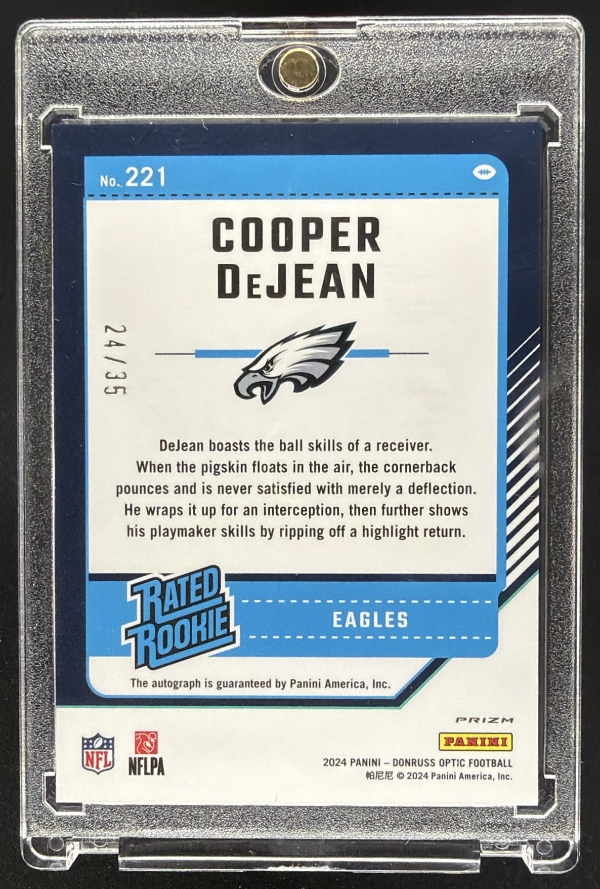 2024 Panini Donruss Optic Cooper DeJean #221 Rated Rookie RPS Auto Purple 24/35