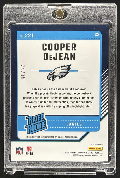 2024 Panini Donruss Optic Cooper DeJean #221 Rated Rookie RPS Auto Purple 24/35
