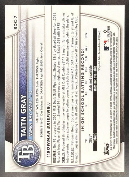 2025 Bowman Draft Taitn Gray #BDC-7 Chrome Refractor 19/35 1st Prospect