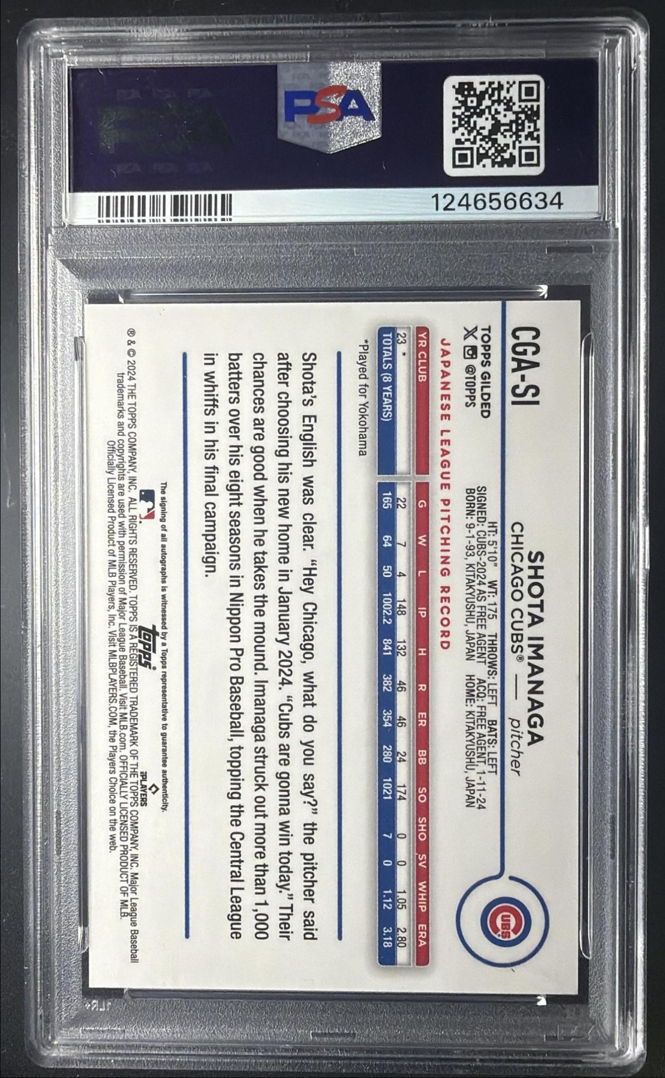 2024 Topps Gilded Collection Shota Imanaga #CGA-SI Chrome Gold Auto Yellow-Gold /75 PSA 10