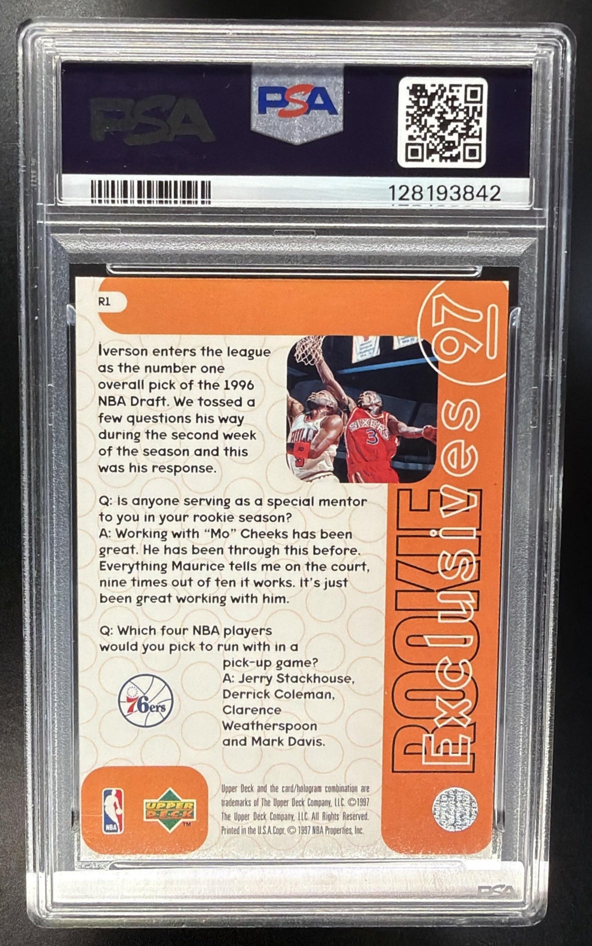 1996-97 Upper Deck Allen Iverson #R1 Rookie Exclusives RC PSA 9