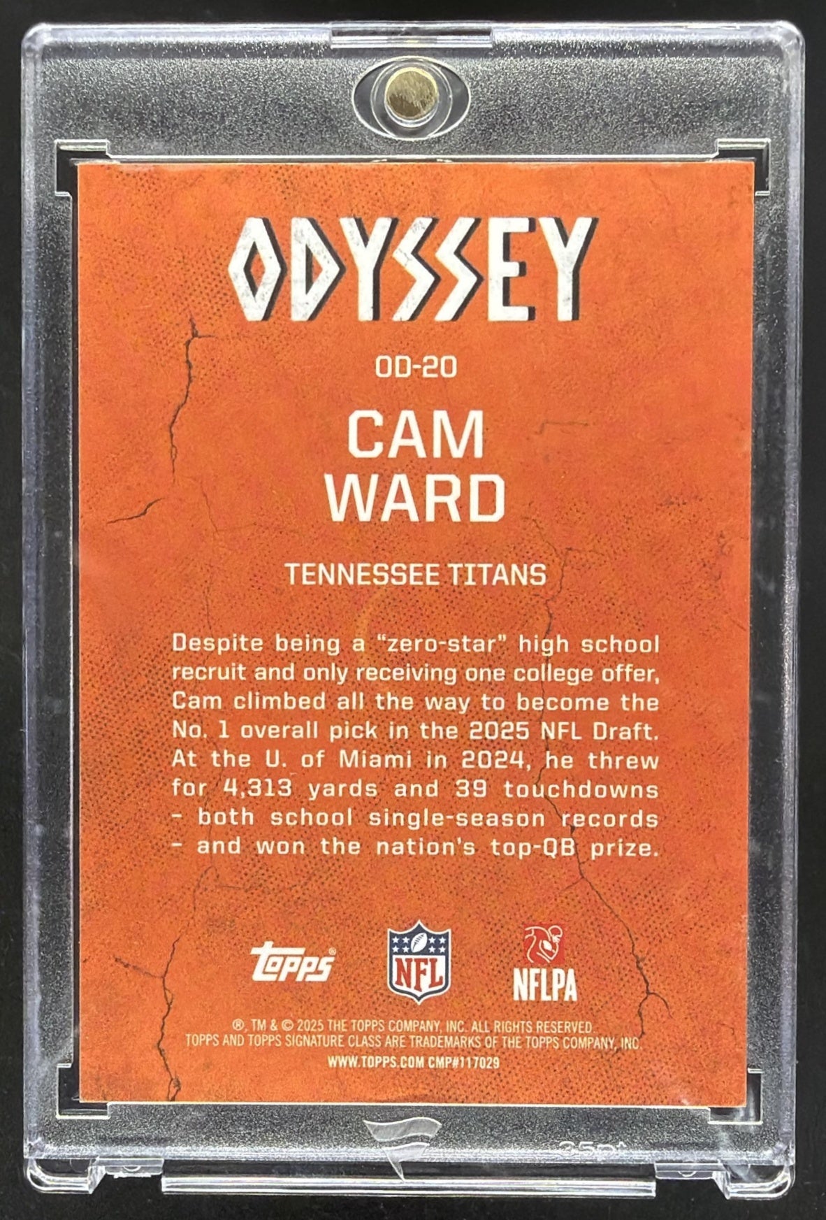 2025 Topps Signature Class Cam Ward #OD-20 Odyssey RC SSP