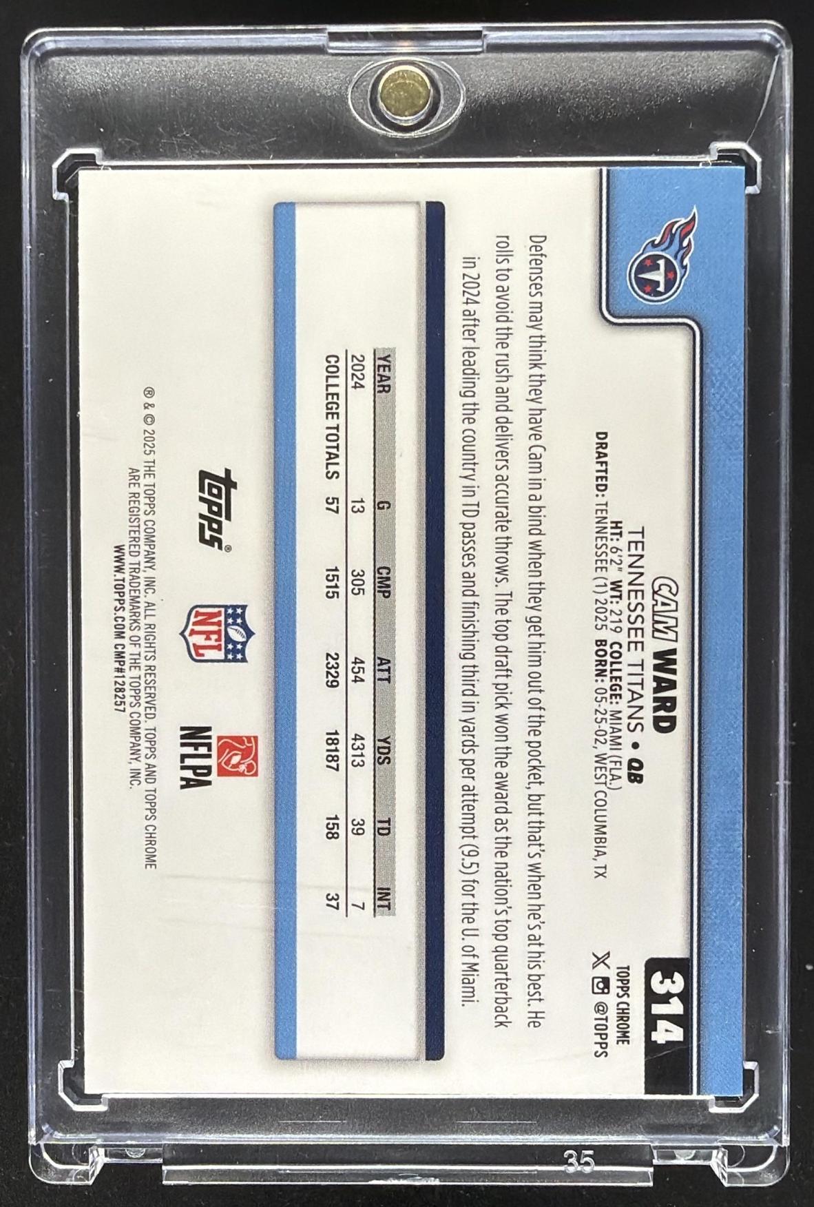 2025 Topps Chrome Cam Ward #314 Rookie Blue Refractor 81/150 RC