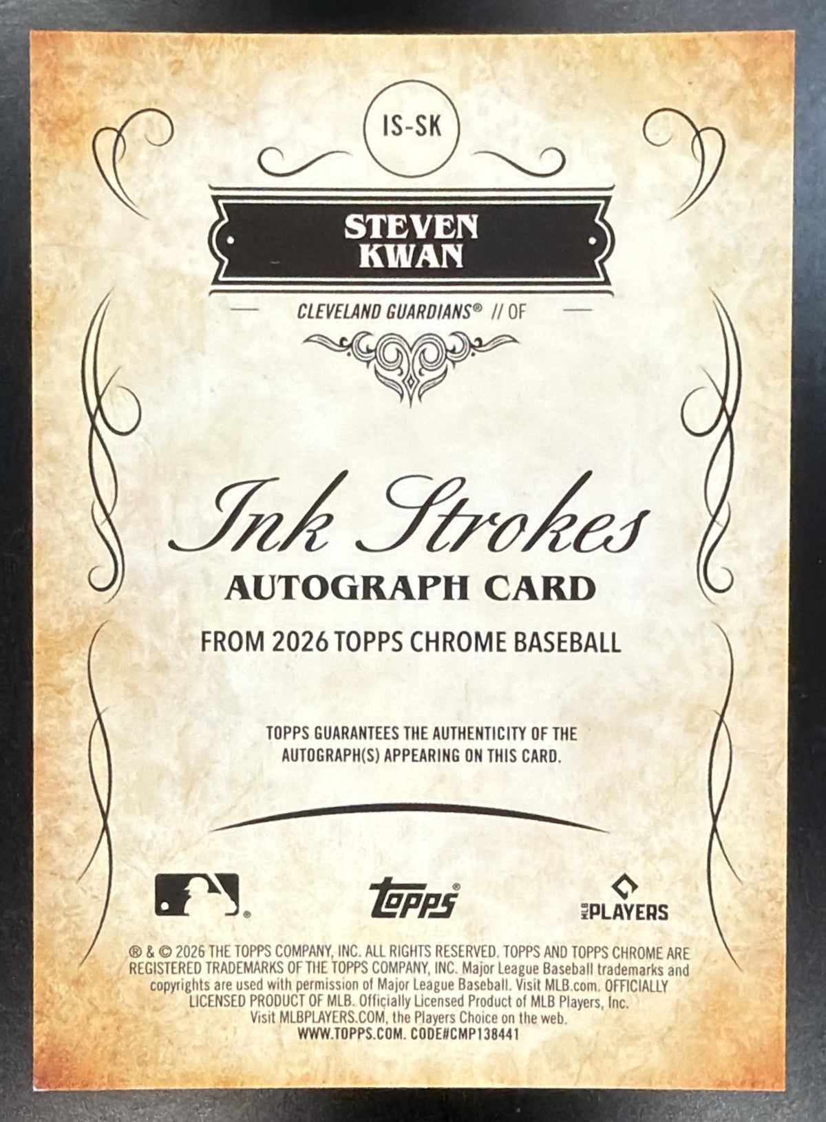 2026 Topps Chrome Steven Kwan #IS-SK Ink Strokes Auto Orange Refractor 17/25 SP