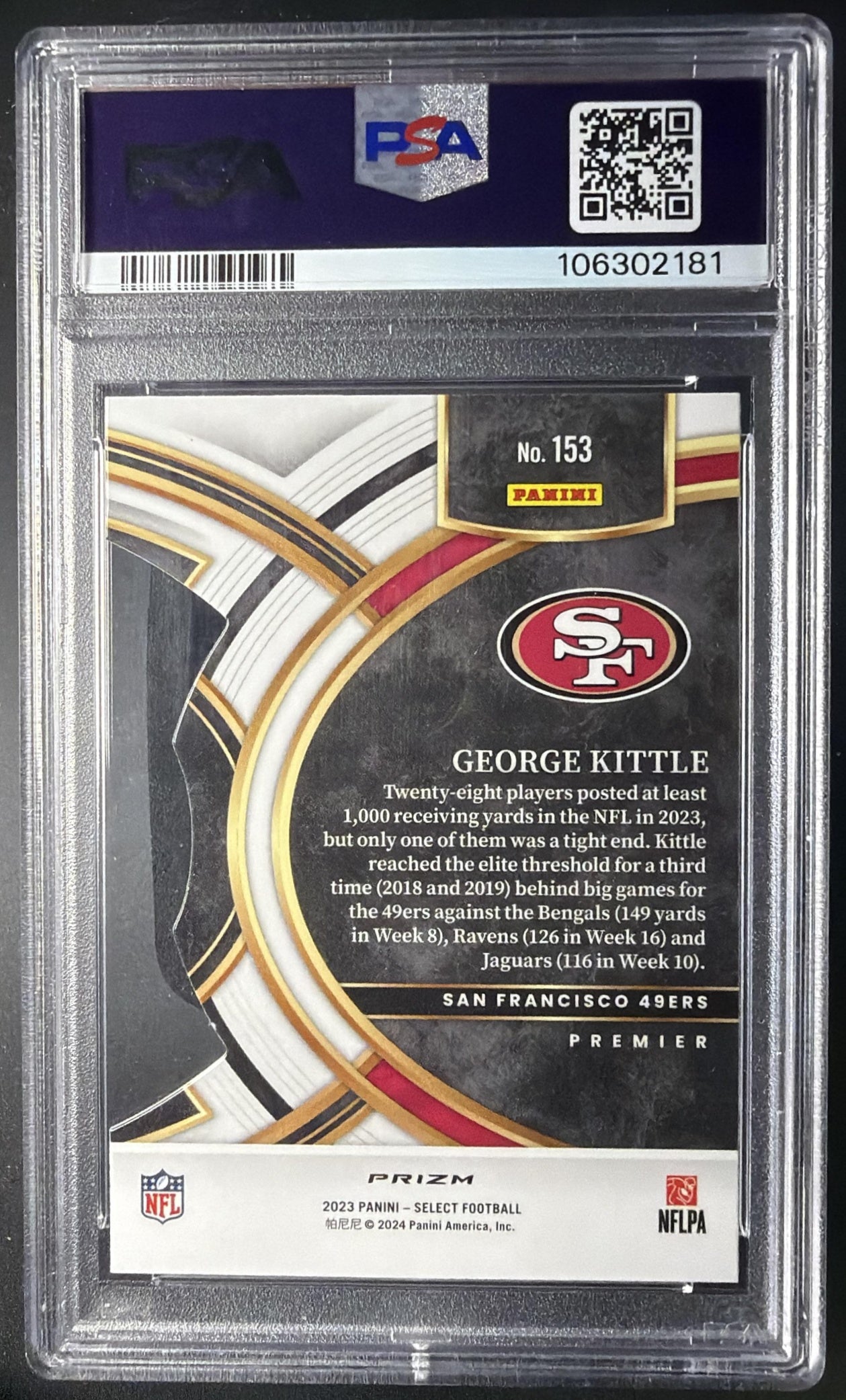 2023 Panini Select George Kittle #153 Zebra Prizm Die Cut SSP Premier Level PSA 10