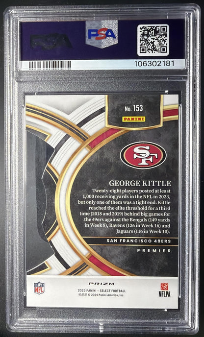 2023 Panini Select George Kittle #153 Zebra Prizm Die Cut SSP Premier Level PSA 10