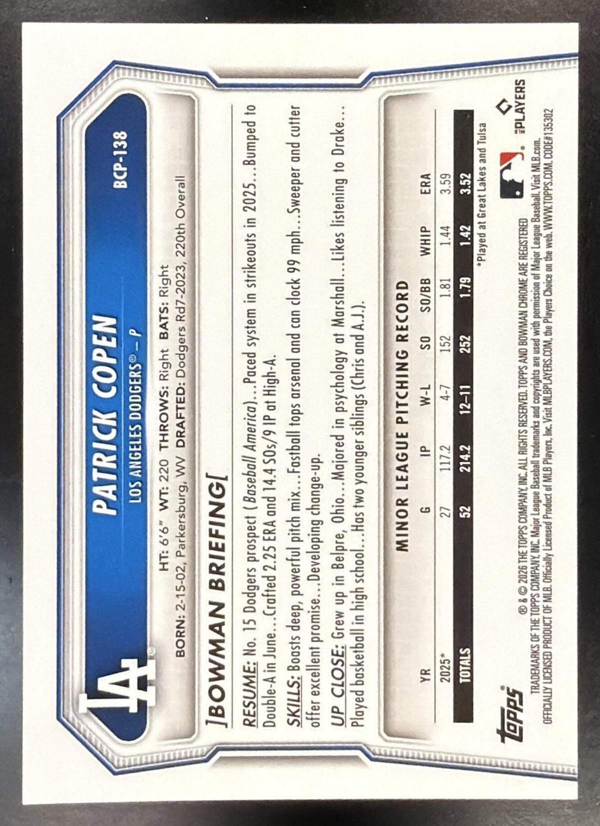 2026 Bowman Patrick Copen #BCP-138 Chrome Orange Geometric Refractor 23/25 1st Prospect