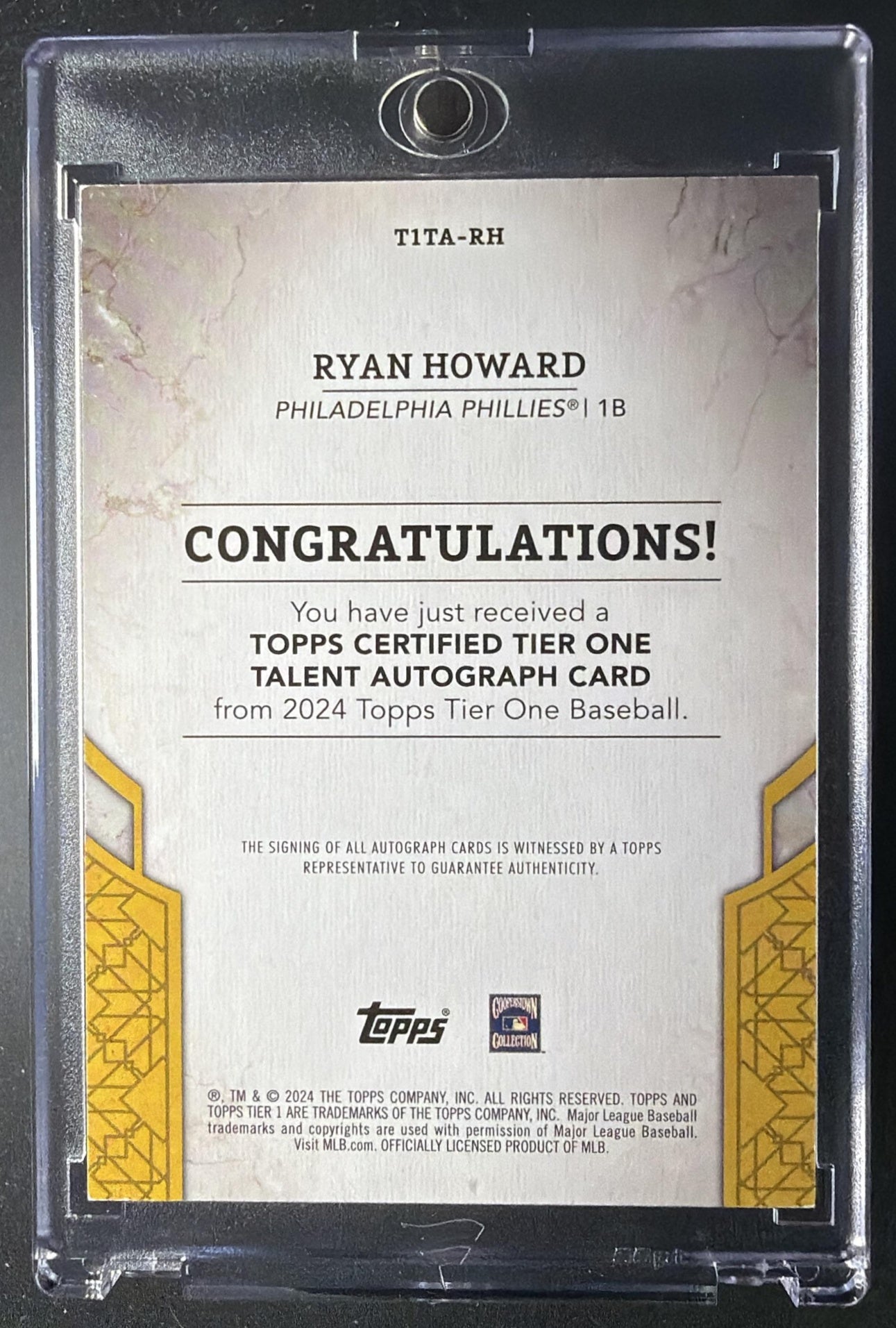 2024 Topps Tier One Ryan Howard #T1TA-RH Talent Auto Blue Foil 74/75