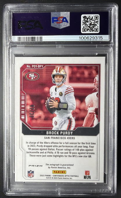 2023 Panini Contenders Optic Brock Purdy #POY-BPY Auto Green Pulsar /30 PSA 9
