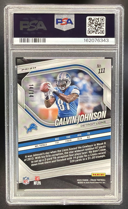 2025 Panini Prizm Calvin Johnson #111 Choice Blue 14/14 PSA 10