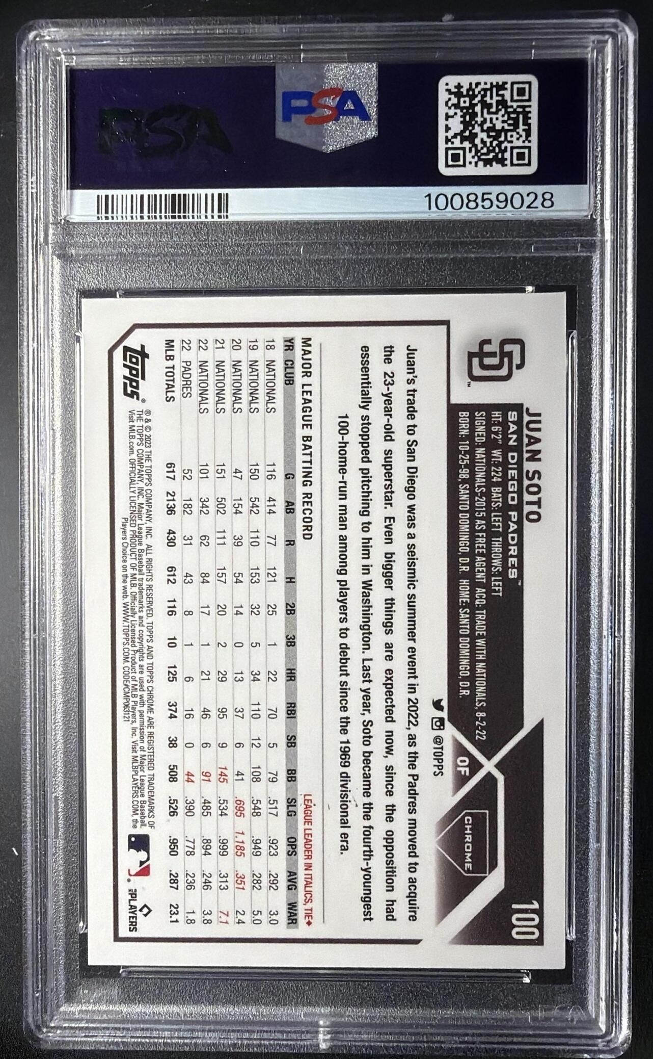 2023 Topps Chrome Juan Soto #100 Orange Refractor 22/25 PSA 10