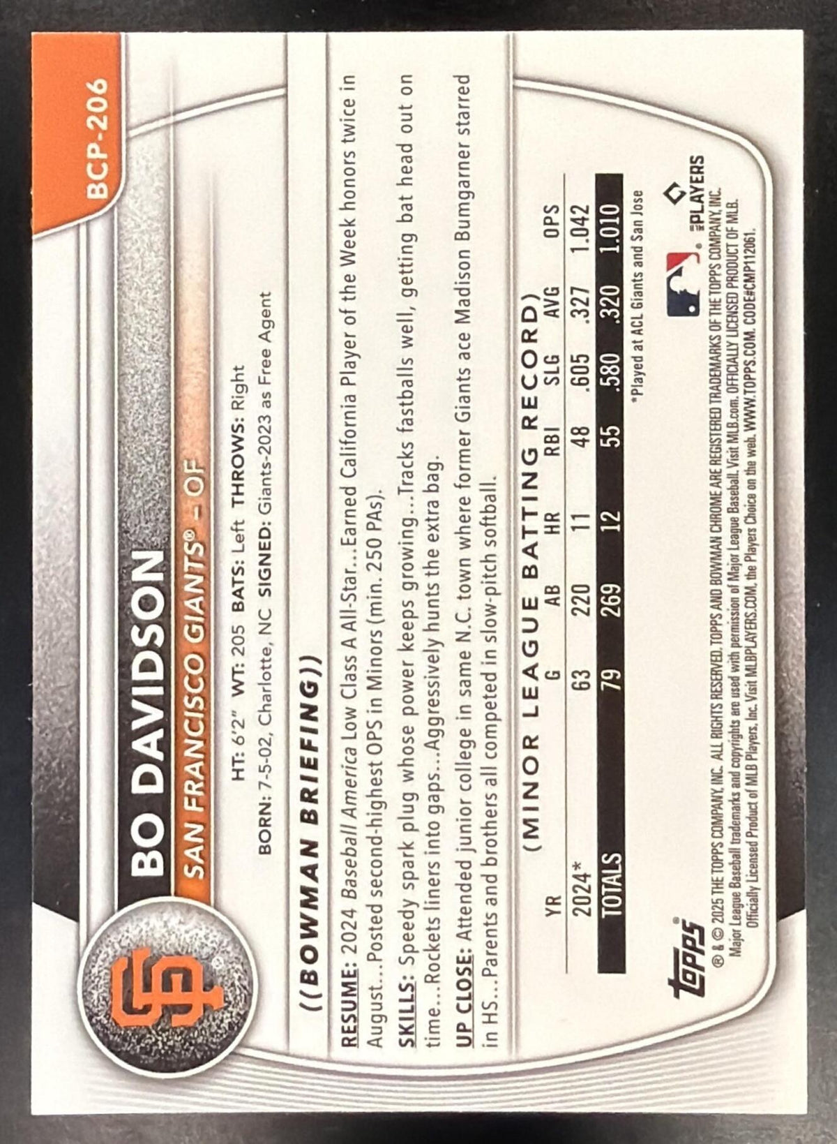 2025 Bowman Chrome Sapphire Bo Davidson #BCP-206 1st Yellow 47/75 Prospect