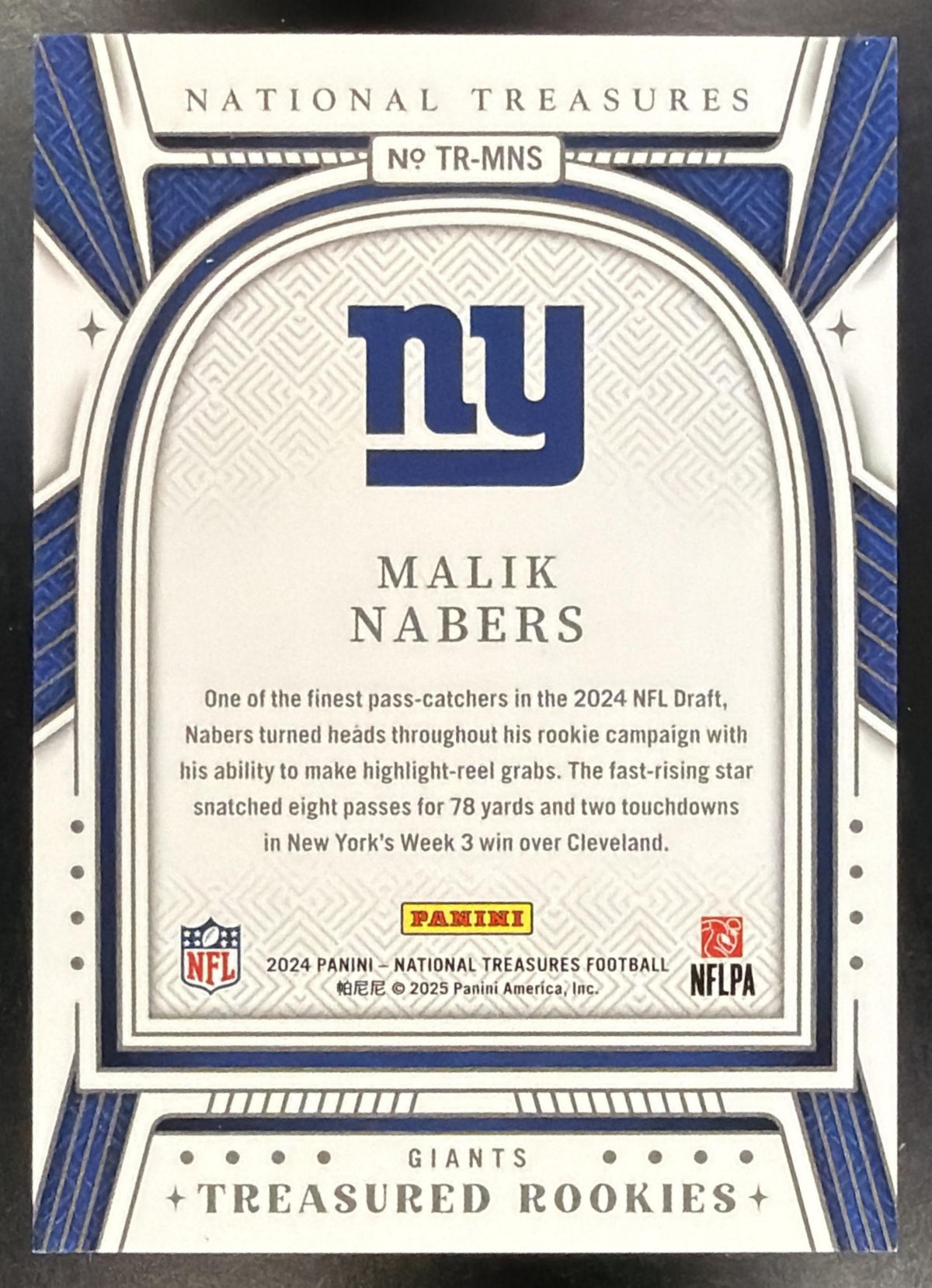 2024 Panini National Treasures Malik Nabers #TR-MNS Treasured Rookies 22/25 RC