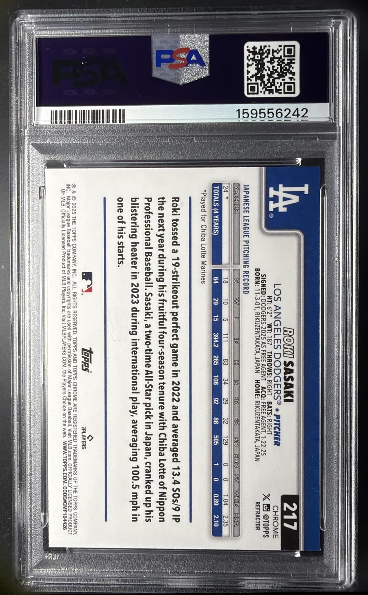 2025 Topps Chrome Roki Sasaki #217 Refractor RC PSA 10