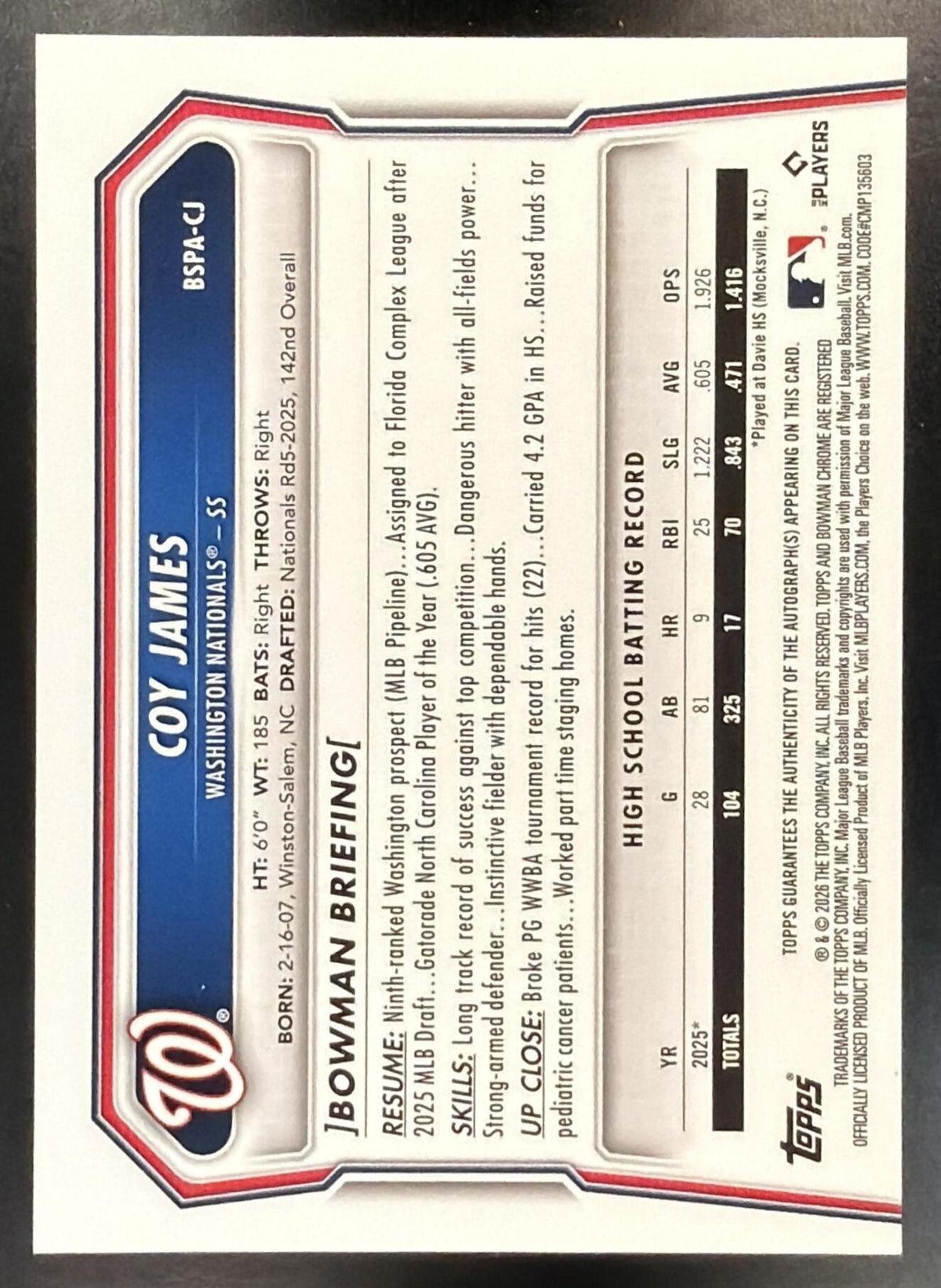2026 Bowman Sapphire Coy James #BSPA-CJ Chrome Auto 125/199 1st Prospect