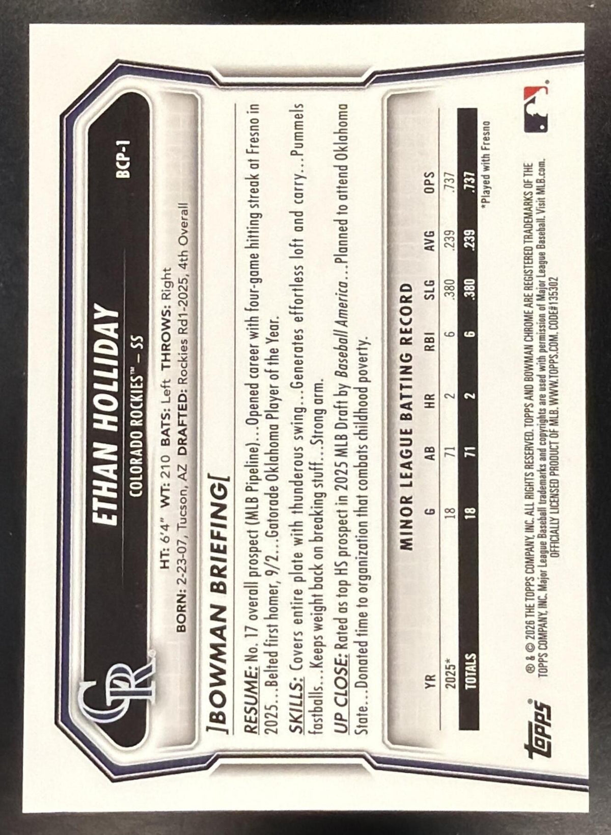 2026 Bowman Sapphire Baseball Ethan Holliday #BCP-1 1st Green 90/99