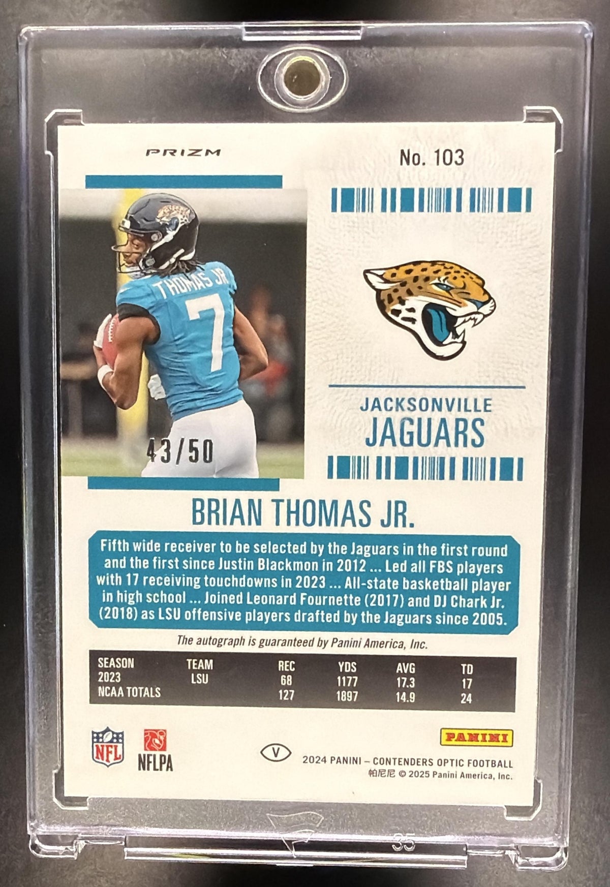 2024 Panini Contenders Optic Brian Thomas Jr. #103 Rookie Ticket RPS Auto Blue /50 RC