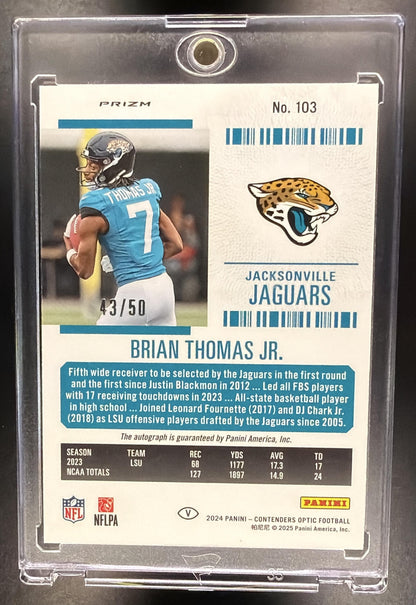 2024 Panini Contenders Optic Brian Thomas Jr. #103 Rookie Ticket RPS Auto Blue /50 RC