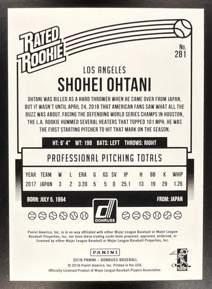 2018 Panini Donruss Shohei Ohtani #281 Rated Rookie RC