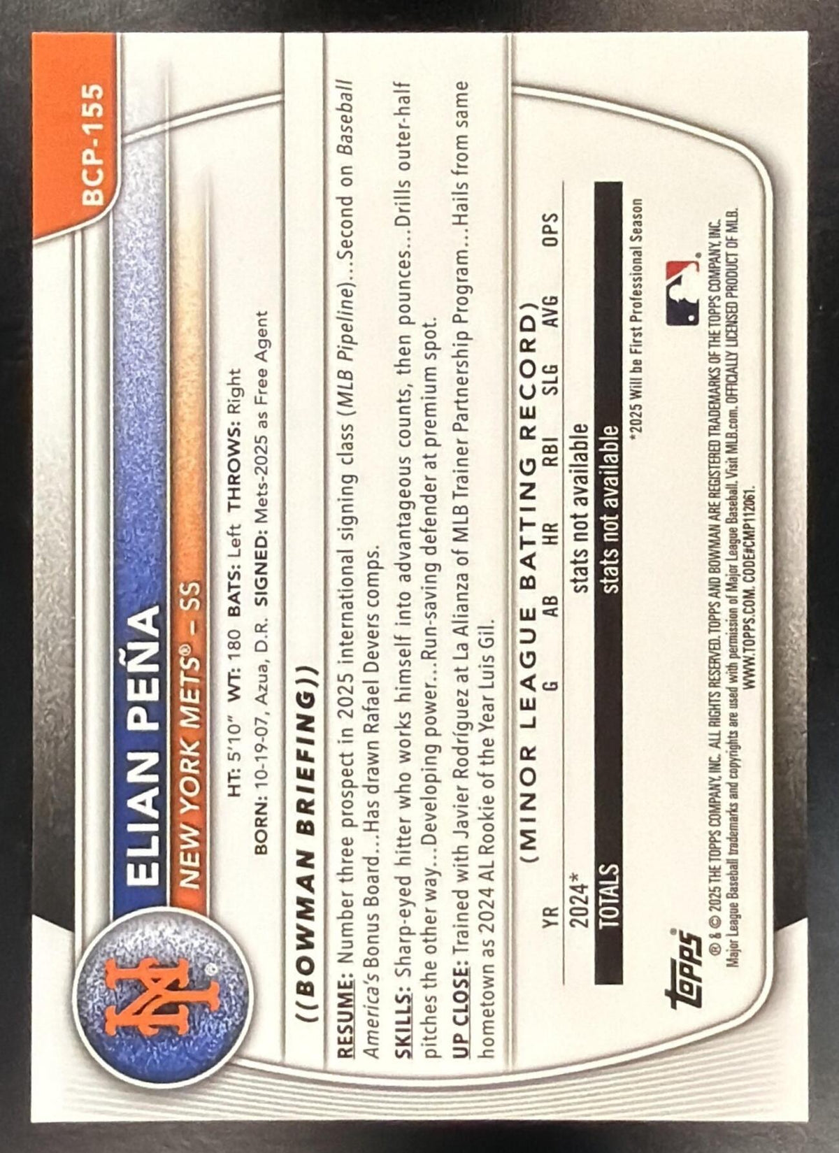 2025 Bowman Chrome Elian Pena #BCP-155 Teal 48/125 1st Prospect