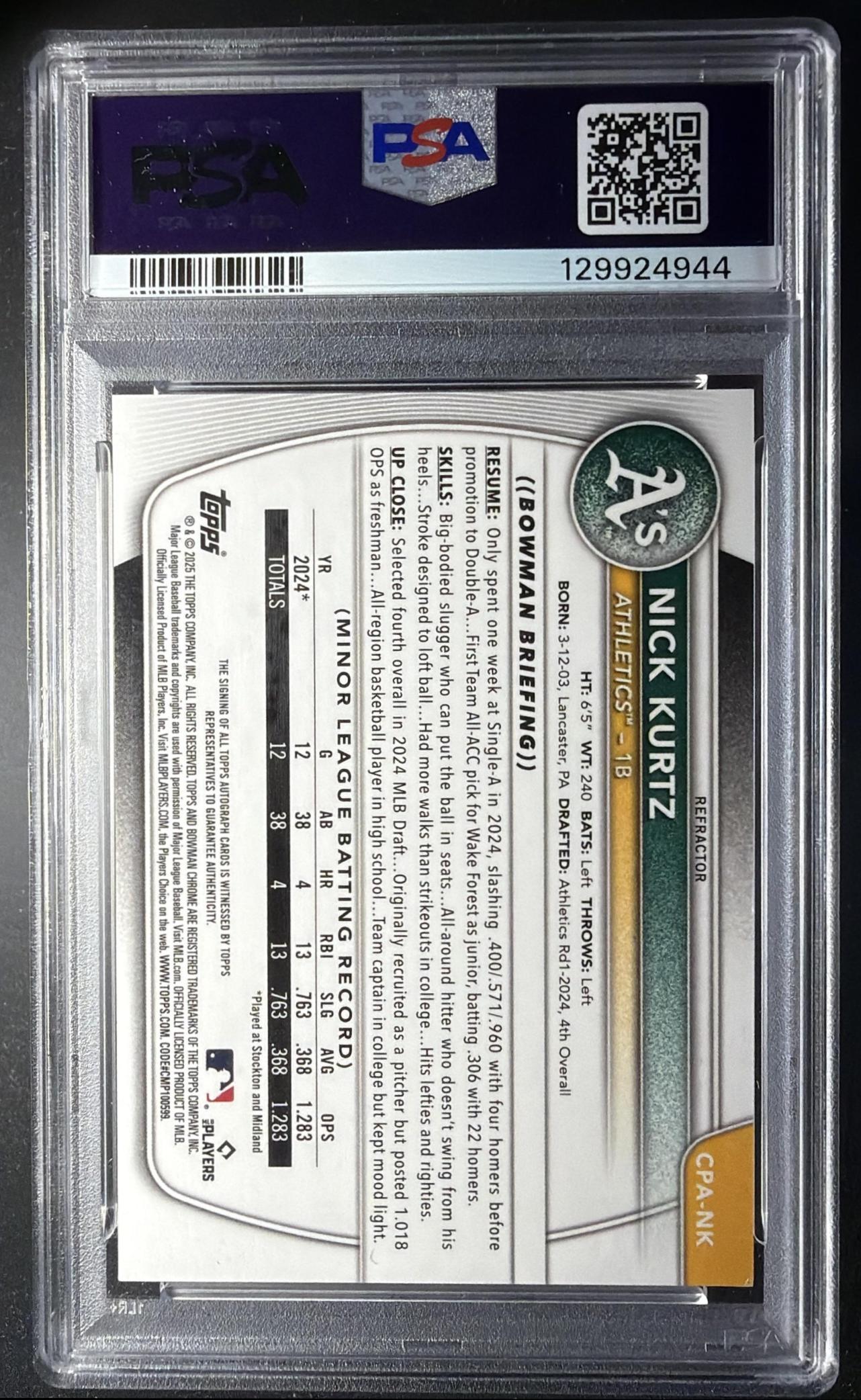 2025 Bowman Nick Kurtz #CPA-NK Chrome Prospect Auto Refractor 12/499 PSA 9
