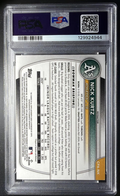 2025 Bowman Nick Kurtz #CPA-NK Chrome Prospect Auto Refractor 12/499 PSA 9