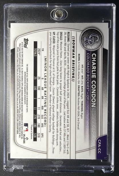 2025 Bowman Charlie Condon #CPA-CC Chrome Auto Purple Refractor /250 1st Prospect