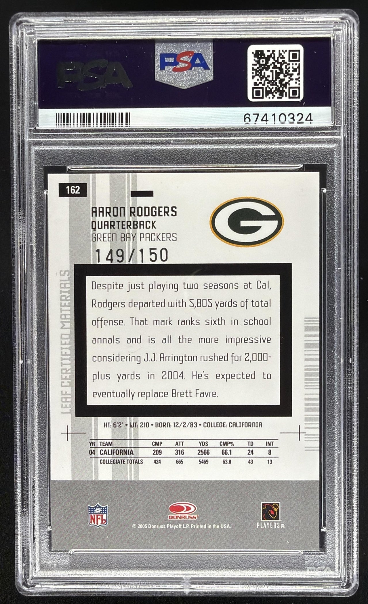 2005 Leaf Certified Materials Aaron Rodgers #162 Mirror White /150 RC PSA 9