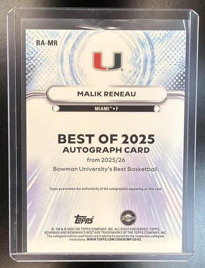 2026 Bowman Best University Malik Reneau #BA-MR Red Refractor Auto 3/5 Miami