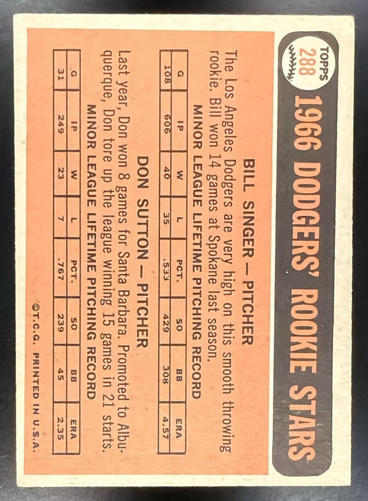 1966 Topps Dodgers Rookie Stars Bill Singer Don Sutton #288 RC
