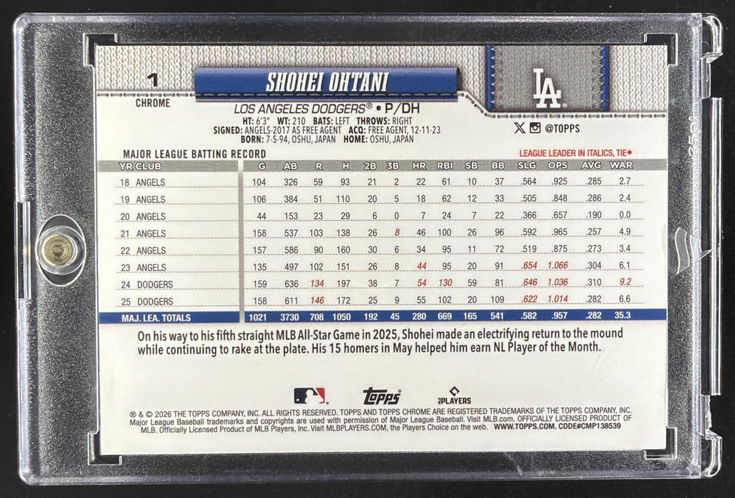 2026 Topps Chrome Shohei Ohtani #1 Green Raywave /99
