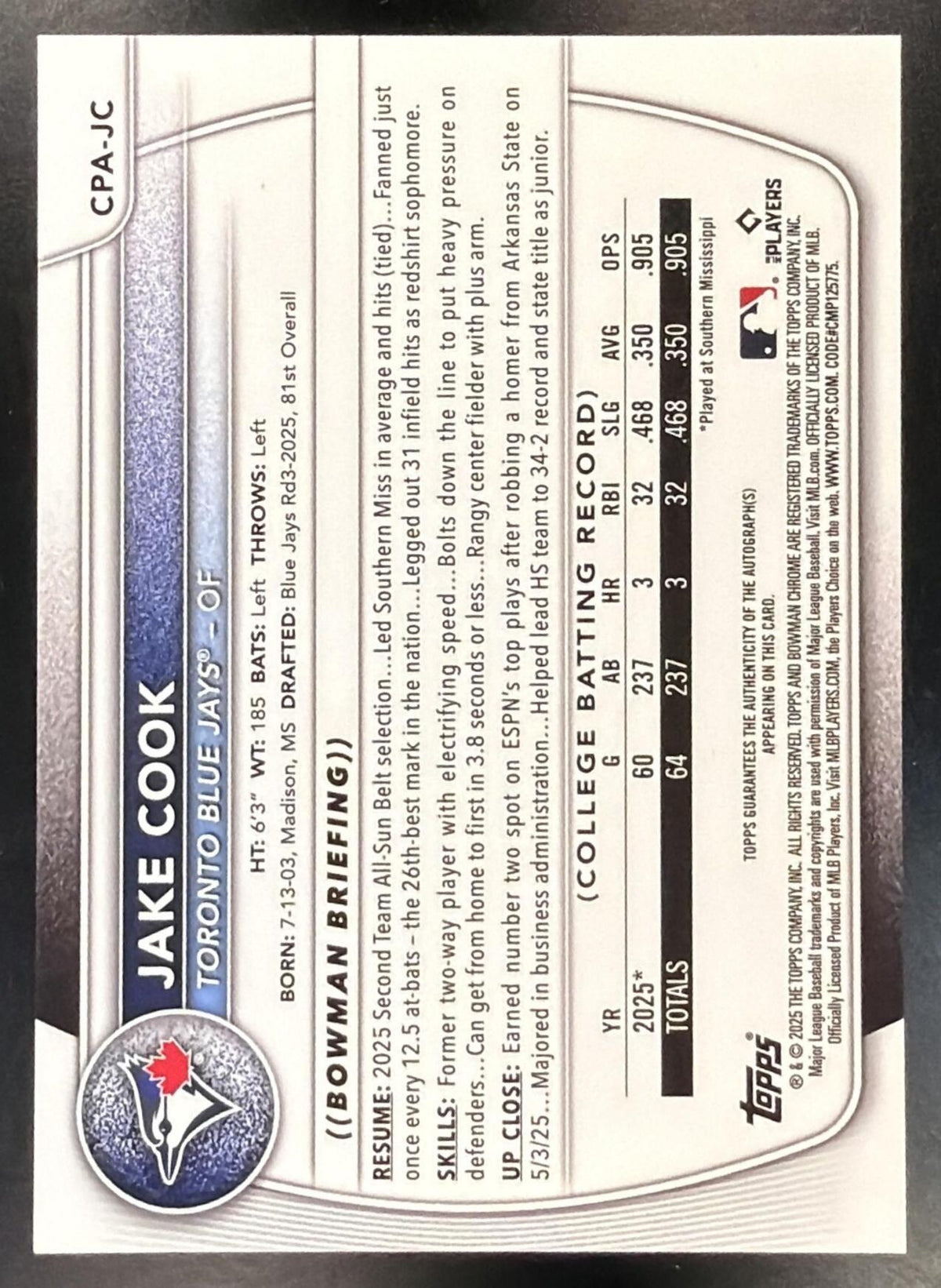 2025 Bowman Draft Jake Cook #CPA-JC Chrome Auto Green Refractor 46/99 1st Prospect