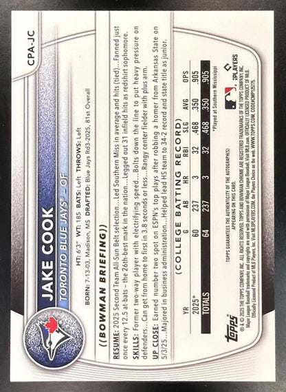 2025 Bowman Draft Jake Cook #CPA-JC Chrome Auto Green Refractor 46/99 1st Prospect