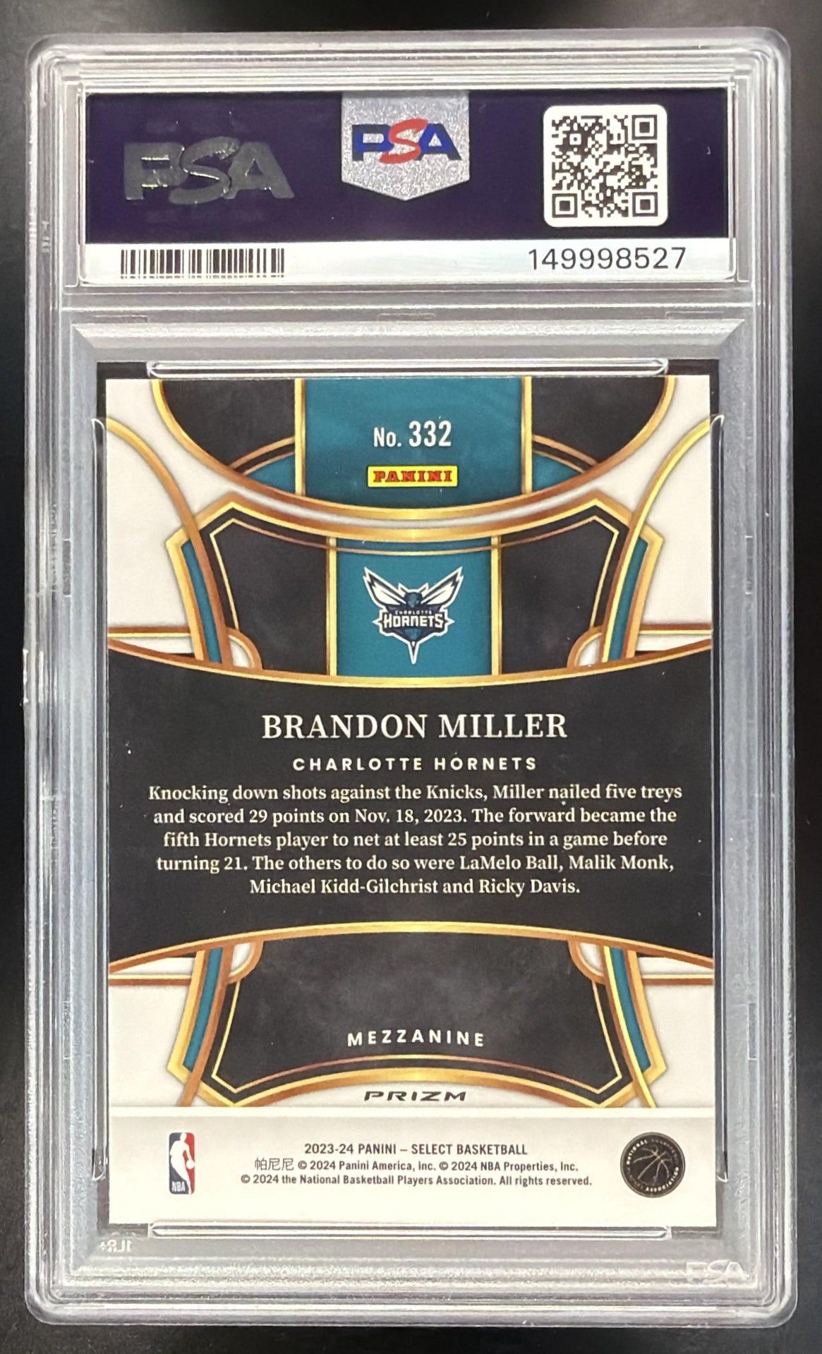 2023-24 Panini Select Brandon Miller #332 Tiger Prizm RC Mezzanine SSP PSA 10
