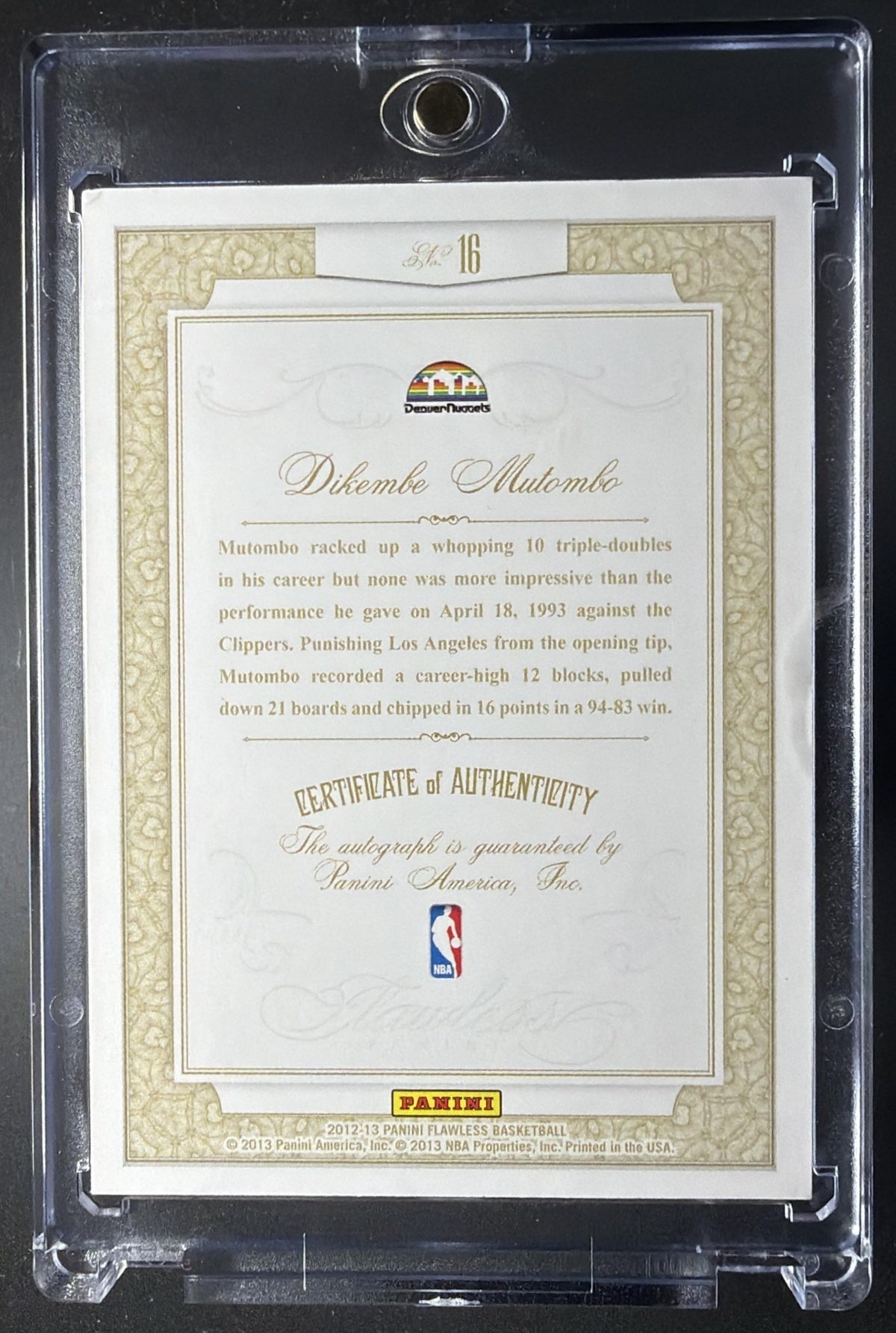 2012-13 Panini Flawless Dikembe Mutombo #16 Memorable Marks /20 Auto