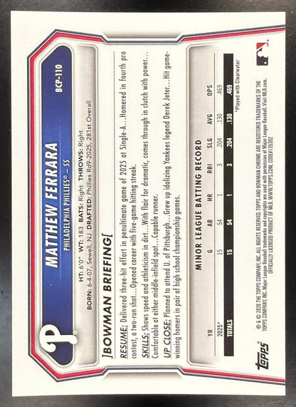 2026 Bowman Sapphire Matthew Ferrara #BCP-110 Chrome Black Refractor 5/10 1st Prospect