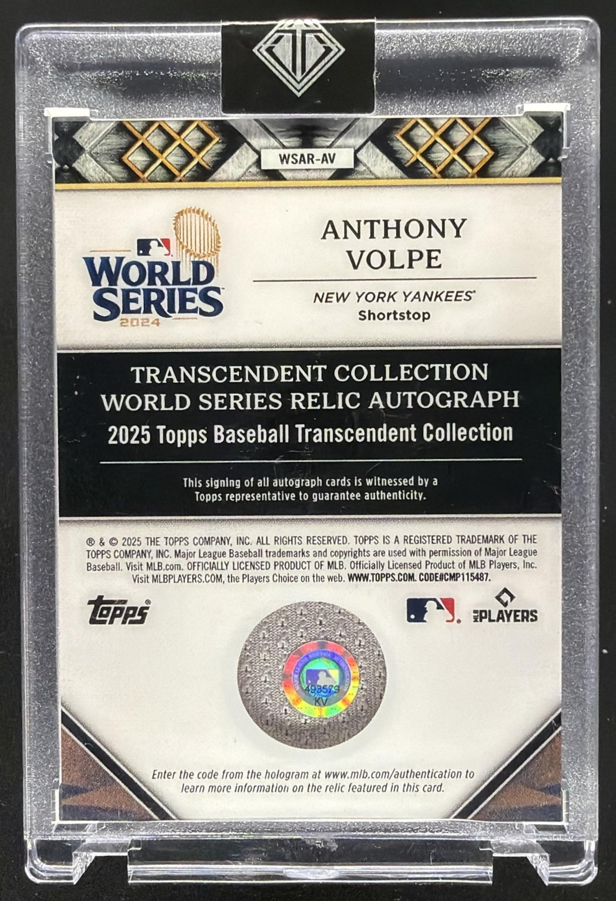 2025 Topps Transcendent Collection Anthony Volpe #WSAR-AV World Series Patch Auto /25