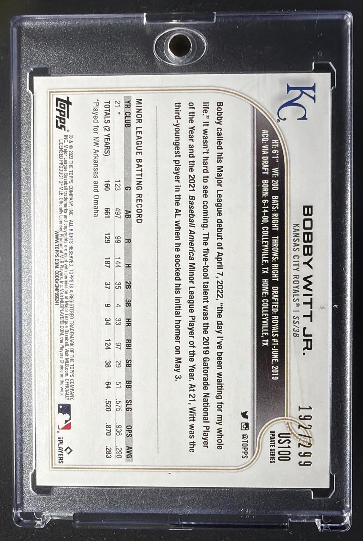 2022 Topps Update Bobby Witt Jr. #US100 Orange Rainbow Foil 192/299 RC