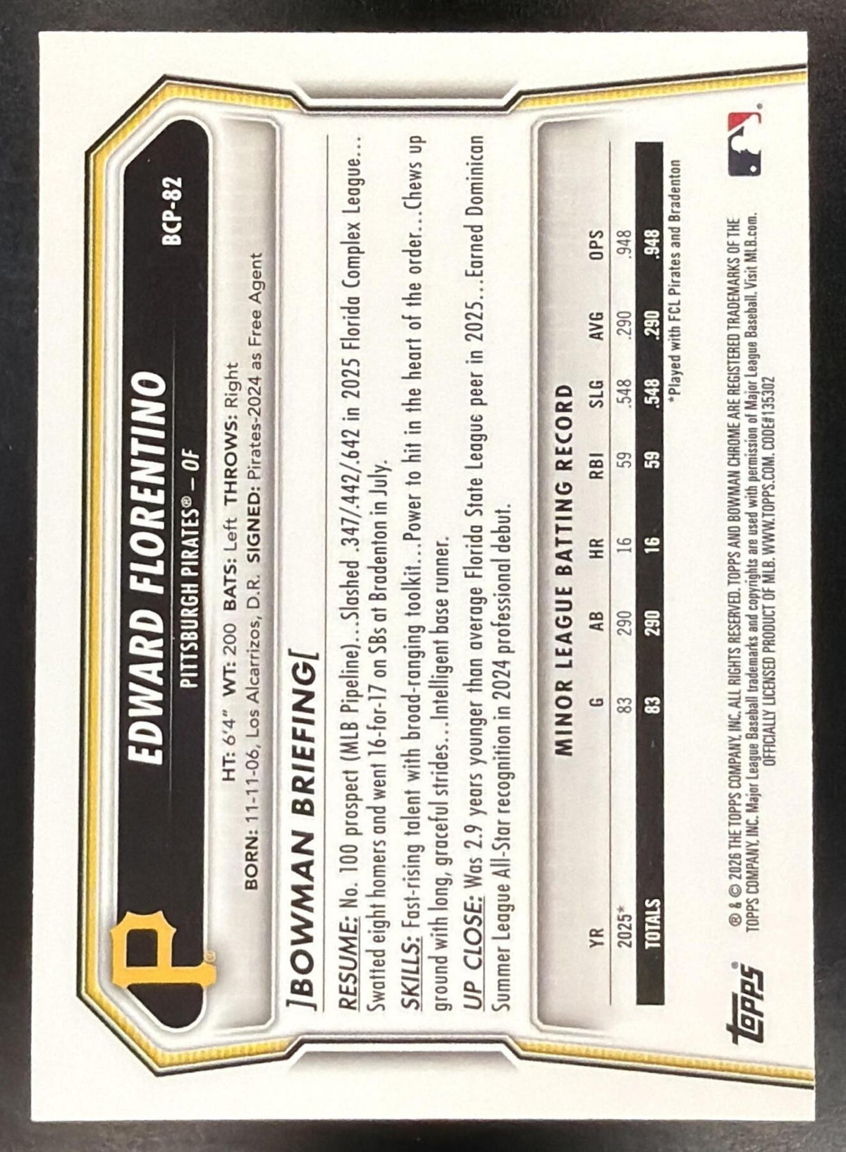 2026 Bowman Sapphire Baseball Edward Florentino #BCP-82 1st Green 73/99