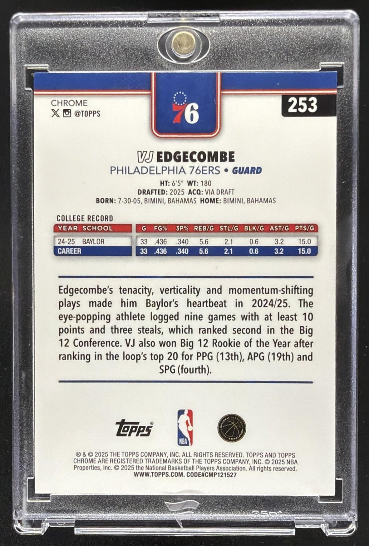 2025-26 Topps Chrome VJ Edgecombe #253 RC Blue Basketball /150