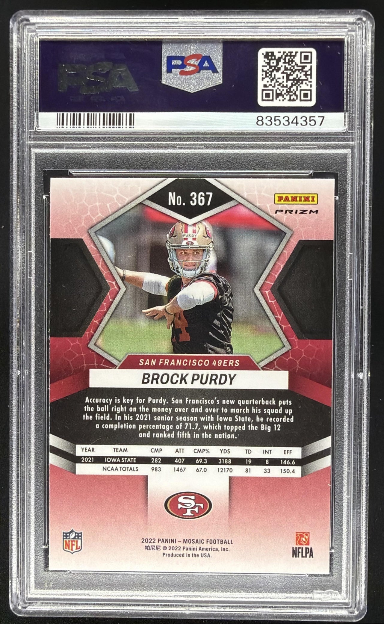 2022 Panini Mosaic Brock Purdy #367 Mosaic Camo Pink RC PSA 10