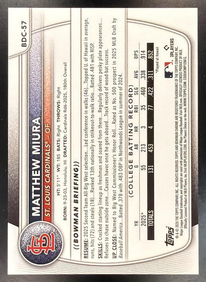 2025 Bowman Draft Matthew Miura #BDC-57 Chrome Black Refractor 7/10 1st Prospect