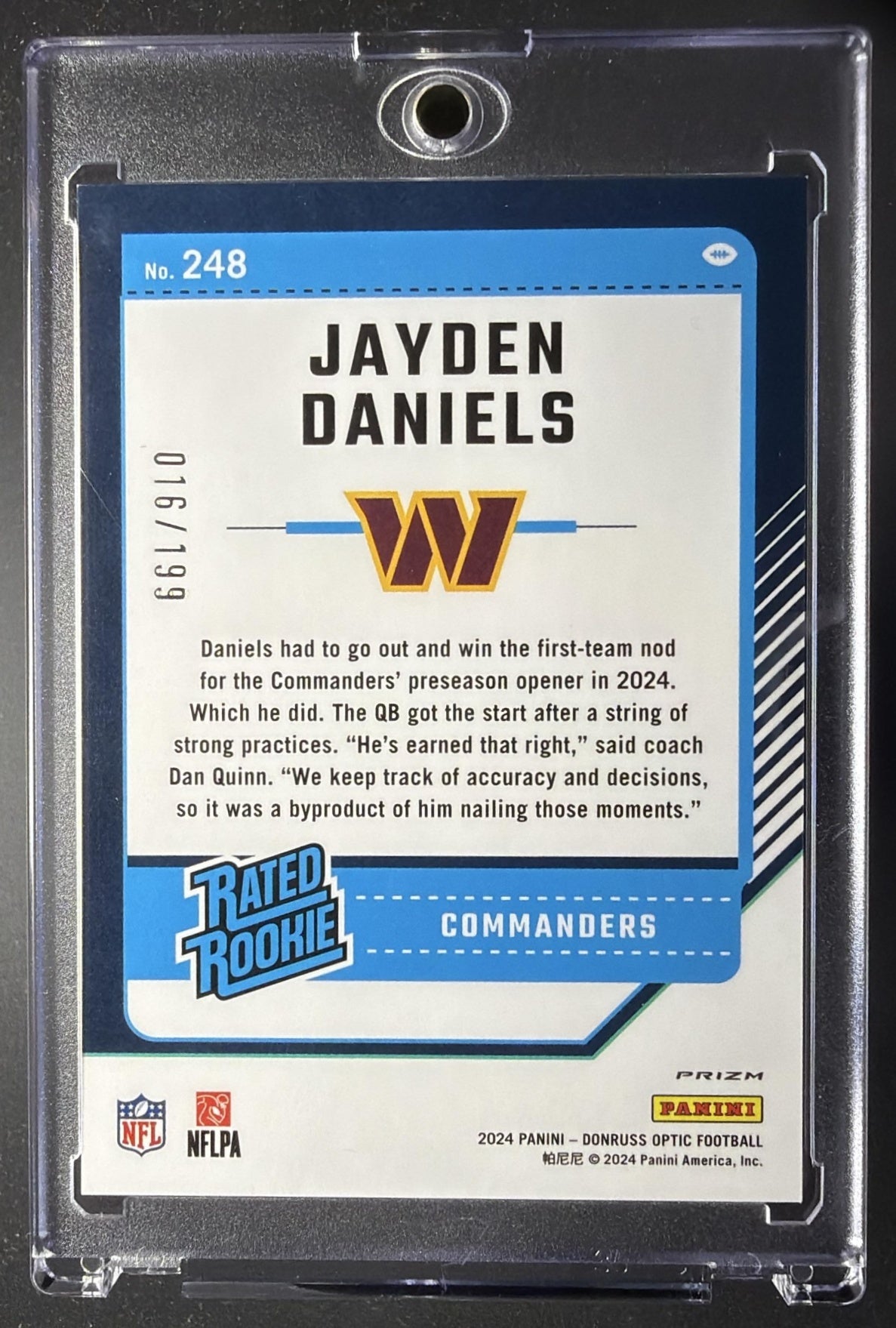 2024 Panini Donruss Optic Jayden Daniels #248 Blue 16/199 Rated Rookie