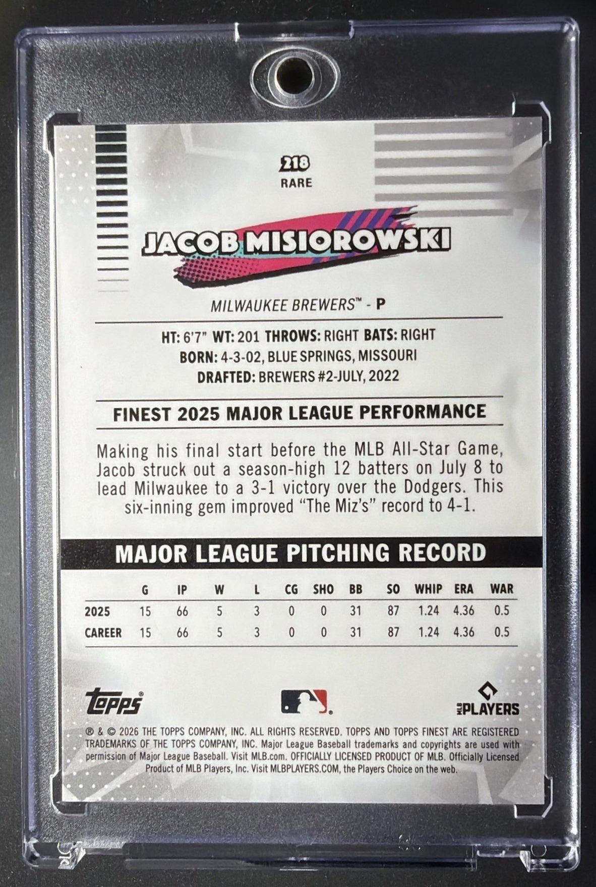 2026 Topps Finest Jacob Misiorowski #218 Rare Black Refractor 1/10 RC
