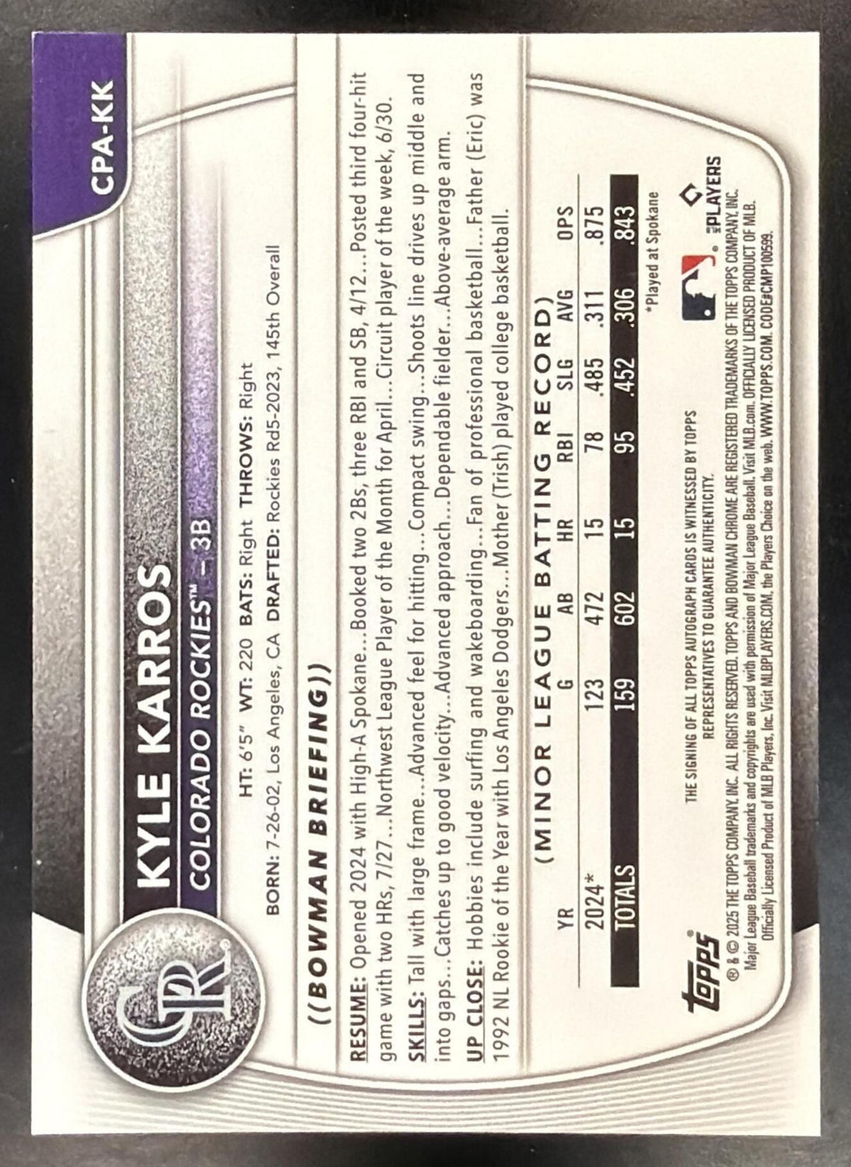 2025 Bowman Chrome Kyle Karros #CPA-KK Auto Purple Refractor 143/250 1st Prospect