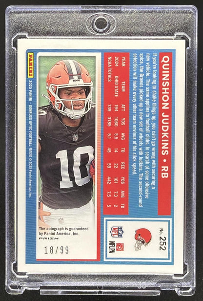 2025 Panini Donruss Optic Quinshon Judkins #252 Rated Rookie RPS Auto Red Prizm /99
