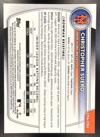 2025 Bowman Chrome Christopher Suero #CPA-CSU Auto Yellow Refractor /75 1st Prospect
