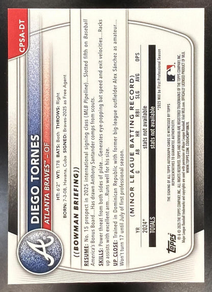 2025 Bowman Chrome Sapphire Diego Tornes #CPSA-DT Auto 37/199 1st Prospect