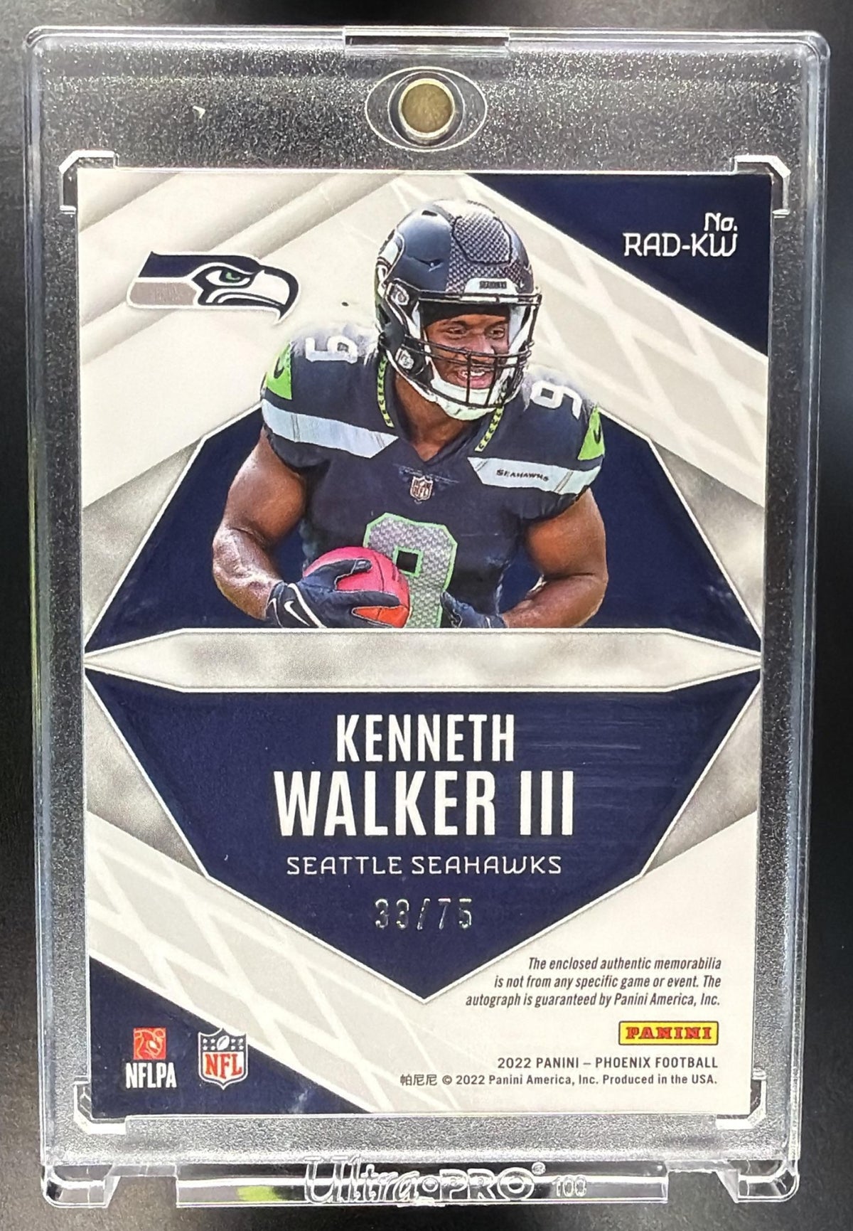 2022 Panini Phoenix Kenneth Walker III #RAD-KW RPS Rookie Auto Dual Jersey Prime Yellow /75 RC