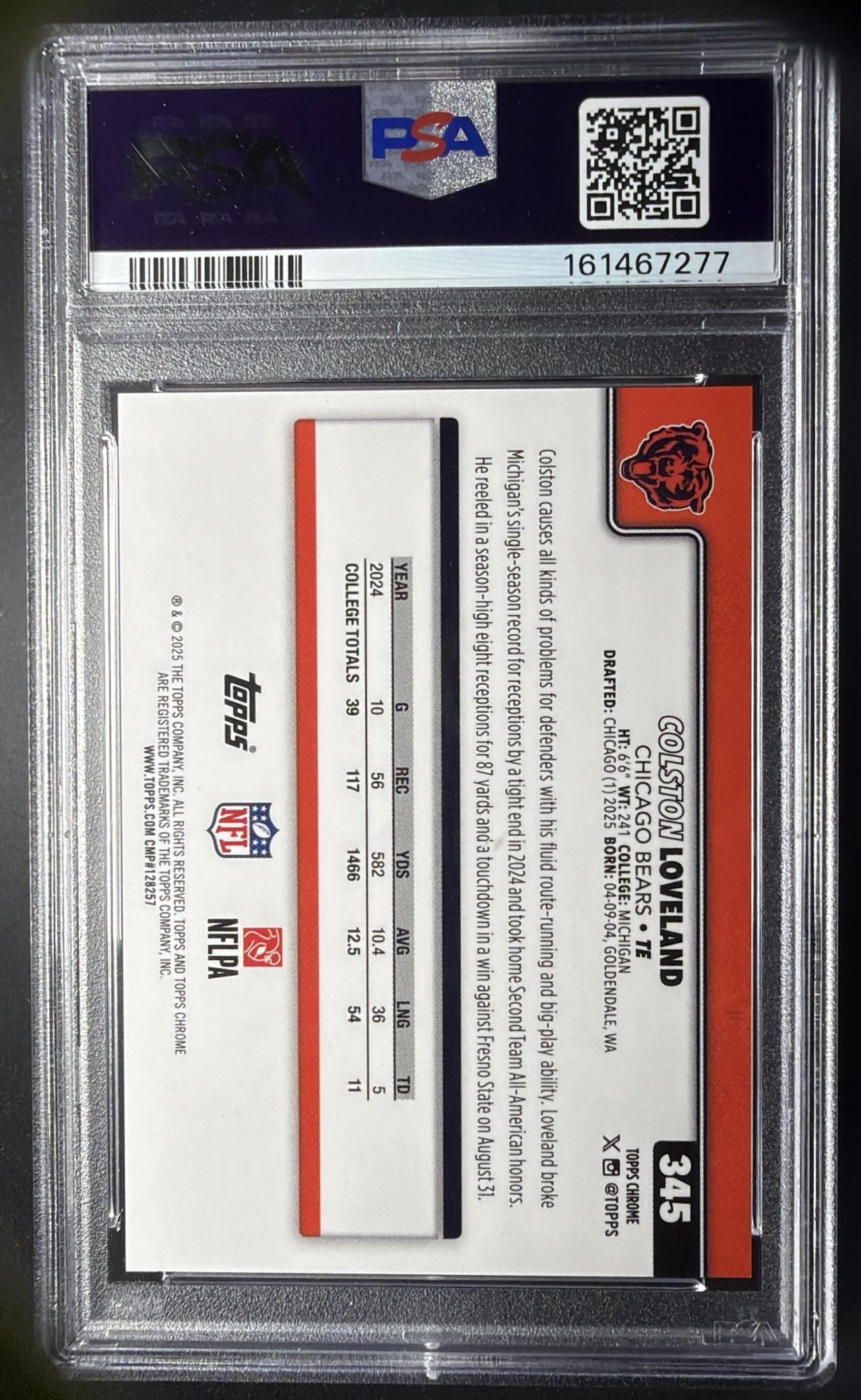 2025 Topps Chrome Colston Loveland #345 Rookie Gold Wave /50 PSA 10